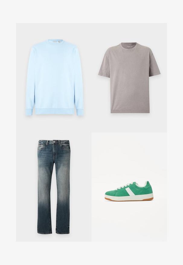 Hellblaues Sweatshirt mit Rundhalsausschnitt und langen Ärmeln aus weichem Material. Ausgestattet mit gerippten Bündchen und Saum sowie einer einfachen, glatten Textur.; Schlichtes, hellgraues T-Shirt mit kurzen Ärmeln und Rundhalsausschnitt, mit sichtbaren Nähten an den Nähten, vor weißem Hintergrund dargestellt.; Herrliche gerade geschnittene blaue Denim-Jeans mit ausgewaschenem Effekt und Fünf-Taschen-Design auf weißem Hintergrund.; Grüne Textilsneaker mit weißen Akzenten, runder Zehenpartie, Schnürdesign und einer Gummisohle. Sie zeichnen sich durch gestickte Details und eine weiche Textur aus.