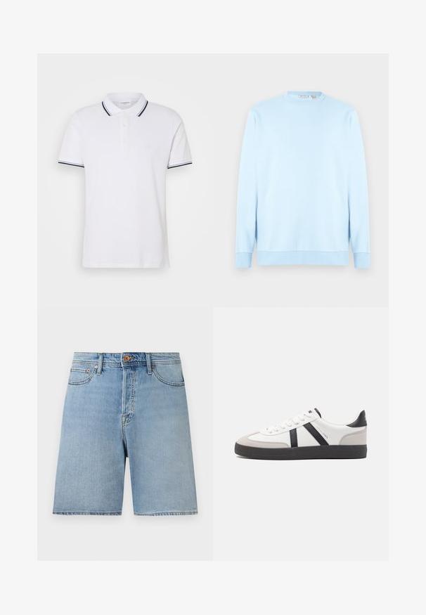 Sudadera de manga larga con cuello redondo en azul claro, hecha de material suave. Presenta puños y bajo acanalados, con una textura sencilla y lisa.; Camiseta polo blanca de algodón con cuello, tapeta de tres botones y acentos a rayas en azul marino y blanco en las mangas.; Pantalones cortos de mezclilla azul claro con botón frontal, trabillas para cinturón, bolsillos delanteros y un corte recto por encima de la rodilla sobre un fondo neutro.; Zapatilla blanca con acentos en negro y gris, que presenta una puntera texturizada en gris, suela de goma negra y cordones planos blancos. Diseño limpio, estilo minimalista.
