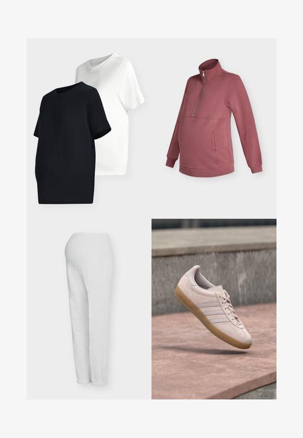 Anna Field MAMA by Zalando MATERNITY ZIP THROUGH FUNNEL NECK SWEATSHIRT - Φούτερ - 18-1512 tcx rose brown; Δύο απλά κοντομάνικα μπλουζάκια με στρογγυλή λαιμόκοψη, ένα μαύρο μπροστά και ένα λευκό πίσω, παρουσιάζονται σε ανοιχτό φόντο.; Ανοιχτό γκρι παντελόνι εγκυμοσύνης από μαλακό ύφασμα. Διαθέτει ελαστική μέση, πλαϊνές τσέπες και στενά τελειώματα στους αστραγάλους.; Απαλό ροζ παπούτσι από σουέντ με σόλα από καουτσούκ χρώματος καραμέλας. Διαθέτει τρεις λωρίδες στο πλάι και ανάγλυφη ένδειξη "Gazelle" στην πλαϊνή πλευρά.