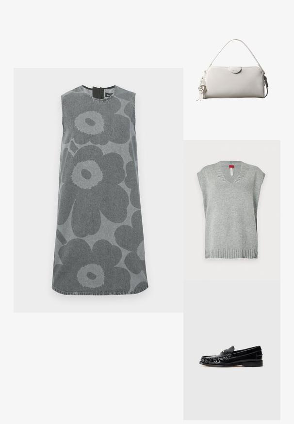 Lys grå strikket ærmeløs sweater vest med V-udskæring samt ribbede kanter og halsudskæring, præsenteret på hvid baggrund.; Ærmeløs kjole i grå denim med store mørkegrå blomster mønstre. Rund halsudskæring med en nøglehul åbnings bagpå og lige silhuet.; Sorte læder loafers med rund tå, dekorativ sying og en lille gul accent på vampen. Flad gummisål, slankt design.; Hvid rektangulær Calvin Klein håndtaske med enkelt håndtag, minimalistisk design og dekorative kvaster med geometrisk metalvedhæng på siden.