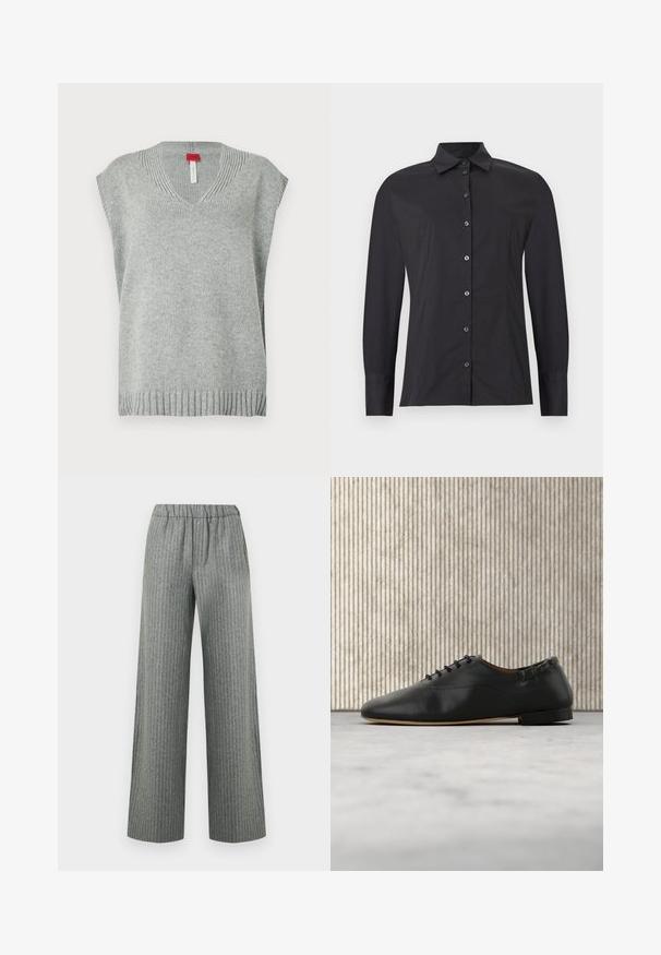 Gilet sans manches en tricot gris clair avec col en V et ourlet et encolure côtelés, présenté sur fond blanc.; Chemise noire à manches longues avec boutons, col classique, coupe slim et détails de coutures sur fond gris clair.; Pantalon large gris à fines rayures avec taille élastique, poches avant et coupe droite.; Chaussure plate en cuir noir à lacets, bout arrondi et petit talon, vue de profil droit sur un fond clair.