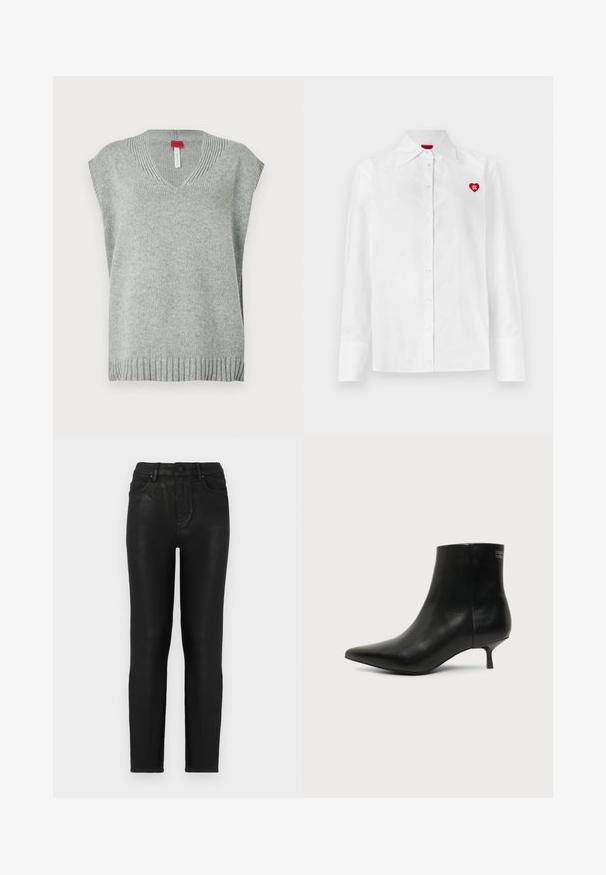 Lys grå strikket ærmeløs sweater vest med V-udskæring samt ribbede kanter og halsudskæring, præsenteret på hvid baggrund.; Hvid skjorte med knapper foran, lange ærmer, klassisk krave og et rødt hjerte-logo på venstre bryst. Glat tekstur og skræddersyet pasform.; Sorte denim jeans med slim fit, der har høj talje, klassisk fem-lomme design og en subtil glans-struktur. Standard frontknaplukning.; Sort læder ankelstøvle med spids tå og lav kitten hæl på lys baggrund, der viser yderside.