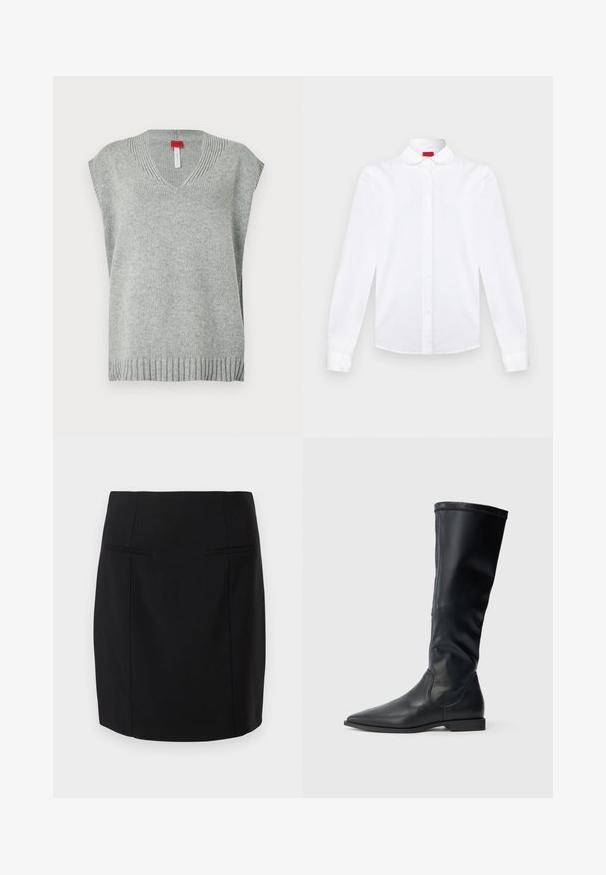 Lys grå strikket ærmeløs sweater vest med V-udskæring samt ribbede kanter og halsudskæring, præsenteret på hvid baggrund.; Hvid langærmet skjorte med knapper, afrundet krave, knaplukning foran og manchetter, vist på en ensfarvet baggrund.; Sort pencilskørt lavet af glat stof, med en tætsiddende design, to forlommer og en knælang kant.; Sorte knæhøje støvler lavet af glat læder med spids tå og lav blokhæl. Designet har en elegant silhuet og minimalistiske detaljer.