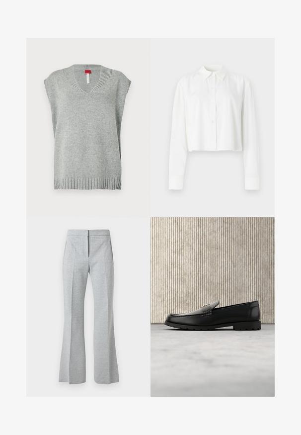 Lichtgrijze gebreide mouwloze vest met V-hals en geribbelde zoom en halslijn, weergegeven op een witte achtergrond.; Geknipte witte lange mouwen shirt van soepel stof, met een klassieke kraag en een knoopsluiting aan de voorkant. Eenvoudig ontwerp zonder patronen.; Lichtgrijze, hoog-waist, op maat gemaakte broek met subtiel visgraatpatroon, voorplooi, zijzakken en licht uitlopende pijpen.; Zwarte leren loafers met een verhoogde naad, gouden accentlogo en gestructureerde band. Voorzien van een dikke, duurzame rubberen zool.