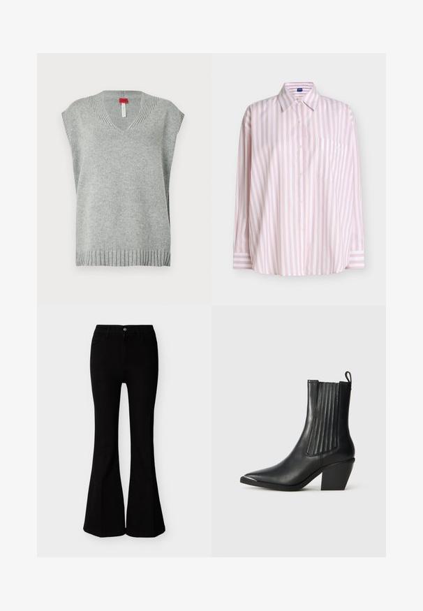 Lys grå strikket ærmeløs sweater vest med V-udskæring samt ribbede kanter og halsudskæring, præsenteret på hvid baggrund.; Langærmet knap-op skjorte med lodrette pink og hvide striber, spids krave og brystlomme med subtil hvid broderi.; Sorte højhælede flare jeans med knap- og lynlåsøsning, forlommer og tætsiddende pasform over hofter og lår.; Sort læder ankelstøvle med spids tå, ribbede sidepaneler og en kraftig hæl, placeret på en struktureret fliseoverflade.