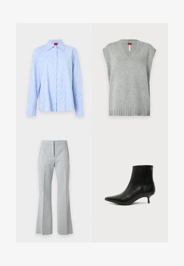 Gilet sans manches en tricot gris clair avec col en V et ourlet et encolure côtelés, présenté sur fond blanc.; Chemise bleu clair à manches longues avec un col à boutons, un motif discret en relief et des boutons blancs sur la patte de boutonnage avant.; Pantalon gris clair taille haute, taille ajustée avec un motif chevron subtil, pli frontal, poches latérales et jambes légèrement évasées.; Bottine en cuir noir avec bout pointu et petit talon kitten sur fond clair, vue côté extérieur.