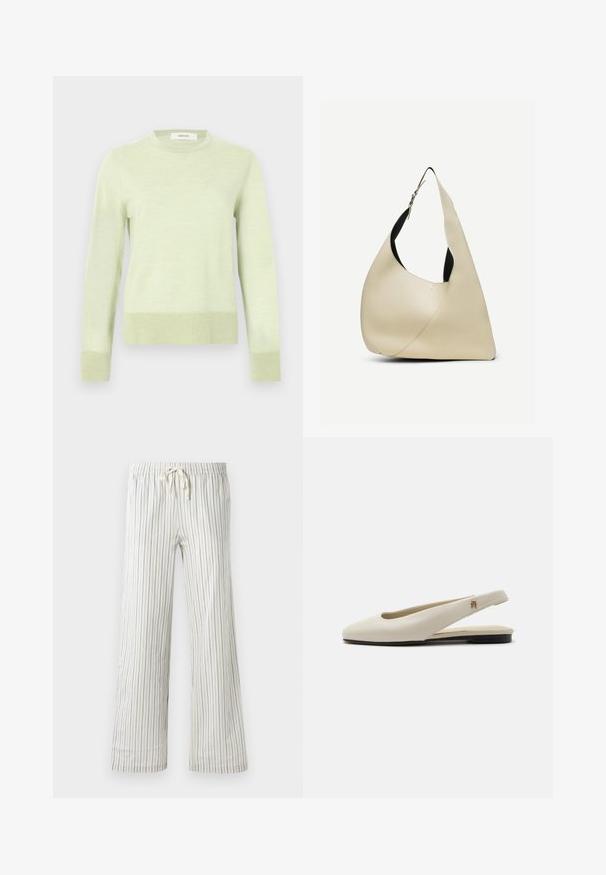 Suéter de manga larga de color verde claro hecho de material de punto suave. Tiene un cuello redondo y puños acanalados con un dobladillo ligeramente corto.; Pantalones blancos con cordón y finas rayas verticales azules, con cintura elástica, mostrados de frente sobre un fondo liso.; Zapato plano slingback de cuero color crema con puntera redondeada y pequeño emblema dorado en la correa.; Bolso de hombro de cuero liso color crema con forma triangular curva y correa ajustable con hebilla plateada.