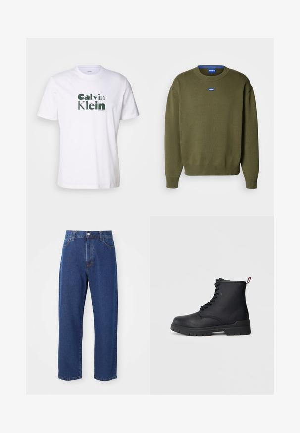 HUGO SAN CASEY - Trui - open green; Witte katoenen T-shirt met een groen "Calvin Klein"-logo gedrukt op de voorkant. Korte mouwen, ronde hals en reguliere pasvorm.; Hoge taille blauwe jeans van denim, met een rechte pijp silhouet, zichtbare stiksels en een sluiting met een voorknoop.; Zwarte leren enkelboot met vetersluiting aan de voorkant, dikke rubberen zool en rode lip aan de hak, gepresenteerd tegen een neutrale lichte achtergrond.