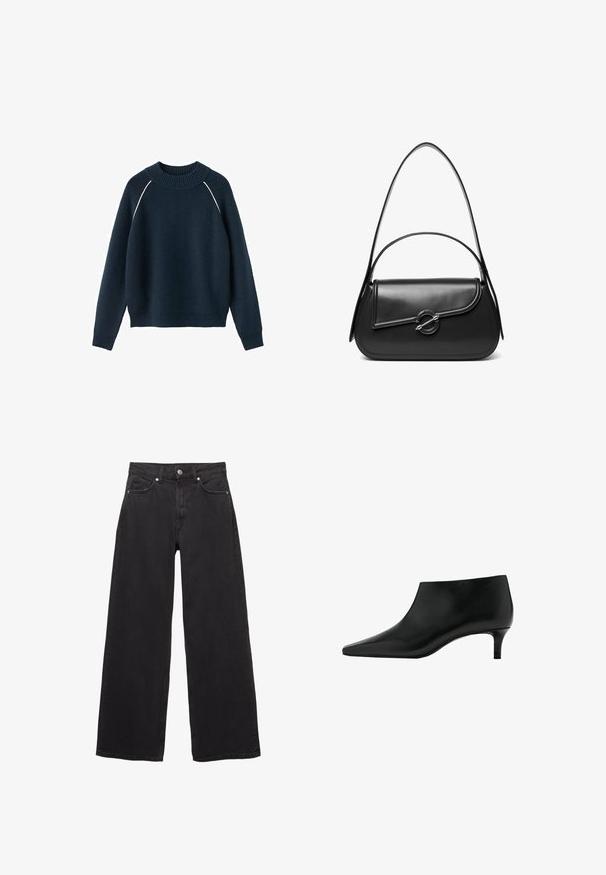 Marineblauer Strickpullover mit langen Ärmeln, geripptem Rundhalsausschnitt, Bündchen, Saum und dünnem weißen Paspel an den Schulternähten.; Schwarze Jeans mit weitem Bein aus Denim, ausgestattet mit hoher Taille, fünf Taschen und einem Knopfverschluss mit dezenten Nahtdetails.; Schwarzer Leder-Stiefelette mit spitz zulaufender Zehenpartie und niedrigem Kitten-Heel, entworfen für eleganten und formellen Gebrauch.; Schwarze Lederschultertasche mit einer geschwungenen Klappe, die durch einen runden Metallverschluss gesichert ist, und einem schlanken, verstellbaren Riemen.