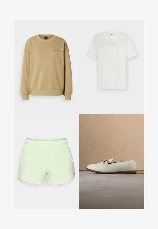 Sudadera color caqui con cuello redondo, mangas largas, puños acanalados y dobladillo. Presenta un pequeño diseño de texto bordado en la parte delantera.; Camiseta blanca de manga corta con cuello redondo y un pequeño texto en azul claro "marcopeddenim" centrado en el pecho, fondo liso.; Pantalones cortos deportivos de color verde claro, confeccionados con tela transpirable, que presentan una textura perforada y una cintura elástica para mayor comodidad.; Mocasín de cuero color crema con detalle de hebilla dorada y suela de goma, posicionado sobre una alfombra beige texturizada con una mesa de café de madera y libros al fondo.