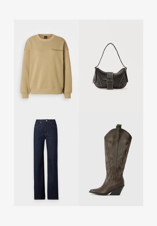 Khaki Sweatshirt mit rundem Hals, langen Ärmeln, gerippten Bündchen und Saum. Verfügt über ein kleines, gesticktes Textdesign auf der Vorderseite.; Dunkelblaue Denim-Jeans mit geradem Bein, klassischem Fünf-Taschen-Stil, sichtbaren Nähten und einem Frontknopfverschluss.; Braune Leder-Cowboystiefel mit einer spitzen Zehe, Wedge-Absatz und dekorativer Stickerei. Besitzt einen hohen Schaft und eine Zuglasche.; Schwarze Leder-Schultertasche mit Schnallengurt-Detail, abgerundeten Kanten und kontrastierenden weißen Nähten auf schlichtem Hintergrund.