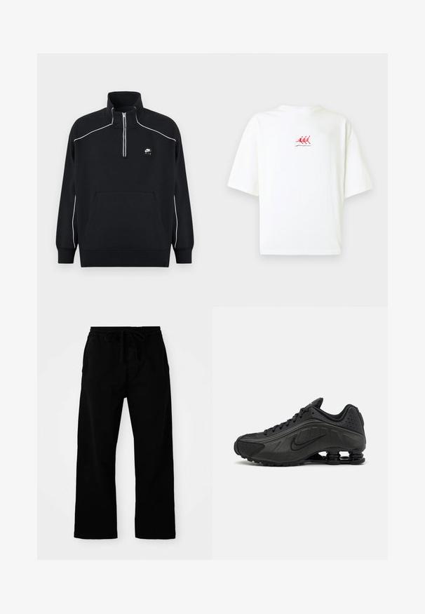 Schwarzer Fleecepullover mit einem Viertel-Reißverschluss am Kragen, weißen Ziernähten, einer zentralen Kängurutasche und einem schwarzen Nike Air Logo-Patch.; Weißes Baumwoll-T-Shirt mit kurzen Ärmeln, mit einer kleinen roten Stickerei von drei in Bewegung befindlichen Figuren nahe der Mitte.; Schwarze, elastische Hosen mit verstellbarem Kordelzug, weitem Bein und glatter Baumwollstruktur. Keine sichtbaren Muster oder Hardware-Details.; Schwarze Laufschuhe mit einem glatten synthetischen Obermaterial, durchbrochenen Akzenten, strukturierten Seitenpaneelen und einer ausgeprägten federnden Sohle.