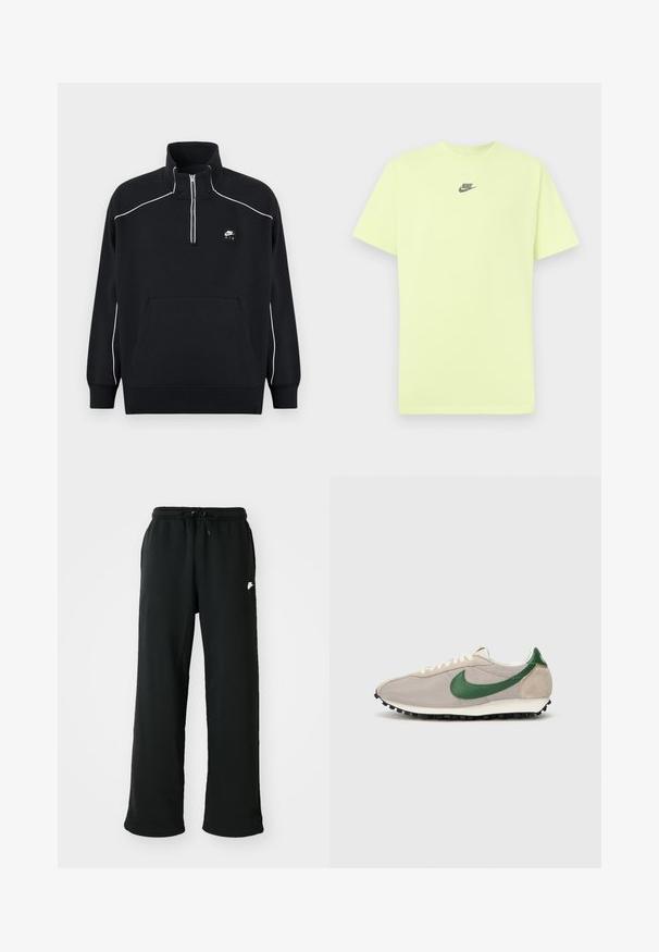 Sudadera negra de forro polar con cuello de cremallera de un cuarto, costuras acentuadas en blanco, un bolsillo canguro central y un parche negro con el logo de Nike Air.; Camiseta de manga corta de color verde lima, hecha de algodón, con un pequeño logo negro de Nike centrado en el pecho. Textura suave, diseño de cuello redondo.; Pantalones deportivos negros de tela suave, con una cinturilla elástica y un cordón ajustable, además de un pequeño logo en el lado.; Zapatillas de correr beige con acentos de gamuza verde, parte superior de malla texturada, cordones crema y suela de goma negra con tacos de tracción.