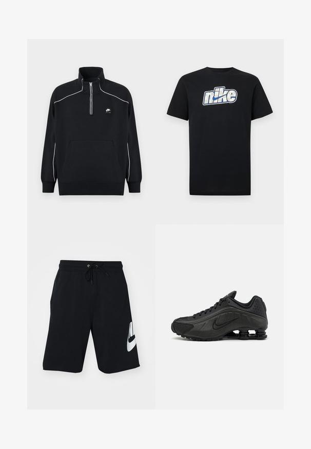 Hanorac negru din fleece cu guler cu fermoar de un sfert, cusături albe decorative, un buzunar central tip marsupiu și un patch negru cu logo-ul Nike Air.; Tricou negru cu mâneci scurte, cu un logo mare Nike alb și albastru, în centru pe piept.; Șorturi negre din bumbac cu talie ajustabilă prin șnur, cu buzunare laterale și un logo mare alb Nike imprimat pe coapsa stângă. Design athletic clasic.; Pantofi de alergare negri, cu o parte superioară netedă din material sintetic, accente perforate, panouri laterale texturate și o talpă distinctivă și elastică.