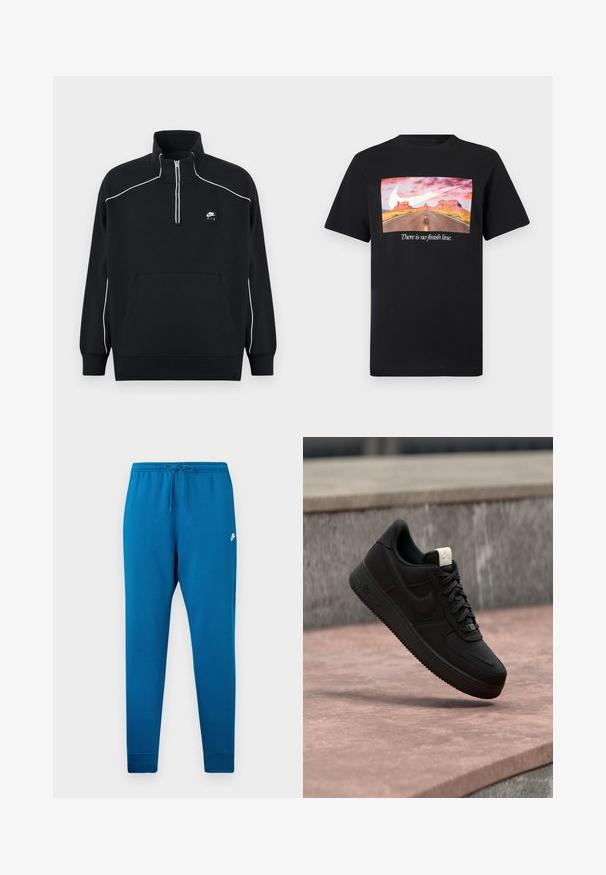 Čierny fleece pulóver s trojštvrťovým zipsom na golieri, bielym kontrastným prešívaním, strednou klokánkovou kapsou a čiernou nášivkou so značkou Nike Air.; Čierne tričko s krátkym rukávom s potlačou púštnej cesty, veľkým bielym logom Nike a frázou „There is no finish line.“; Modré tepláky s elastickým pásom a nastaviteľným šnúrkami. Obsahujú biele logo na stehne a zúžené manžety pri členkoch.; Čierna teniska Nike Air Force 1 plávajúca nad ružovým betónovým okrajom so sivým kamenným pozadím, zobrazujúca bočné a horné detaily.