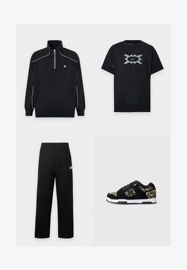 Pull-over en polaire noire avec col à fermeture éclair d'un quart, surpiqûres blanches en accent, poche kangourou centrale et un patch logo Nike Air noir.; T-shirt en coton noir avec un graphisme argenté central comprenant un logo Nike et une forme abstraite. Manches courtes, col rond, coupe décontractée.; Pantalon de survêtement noir avec une ceinture élastique, coupe droite, et un détail de texte blanc sur le bas côté gauche. Confectionné en tissu doux.; Baskets en suède noir avec un motif camouflage sur le côté, semelle intermédiaire blanche et semelle extérieure en caoutchouc noir. Comprend des lacets et un détail de logo sur le côté.