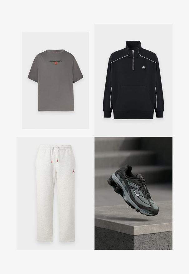 Pull-over en polaire noire avec col à fermeture éclair d'un quart, surpiqûres blanches en accent, poche kangourou centrale et un patch logo Nike Air noir.; T-shirt gris à manches courtes avec le logo "OAKLEY" et un petit graphisme rouge centré sur la poitrine, présenté sur un fond blanc uni.; Pantalon de jogging gris clair avec taille élastique et cordon, avec petit logo Jumpman rouge sur la cuisse gauche.; Baskets athlétiques grises et noires avec panneaux en mesh et semelle épaisse, positionnées en plein air au-dessus d'un rebord en béton avec des escaliers en arrière-plan.
