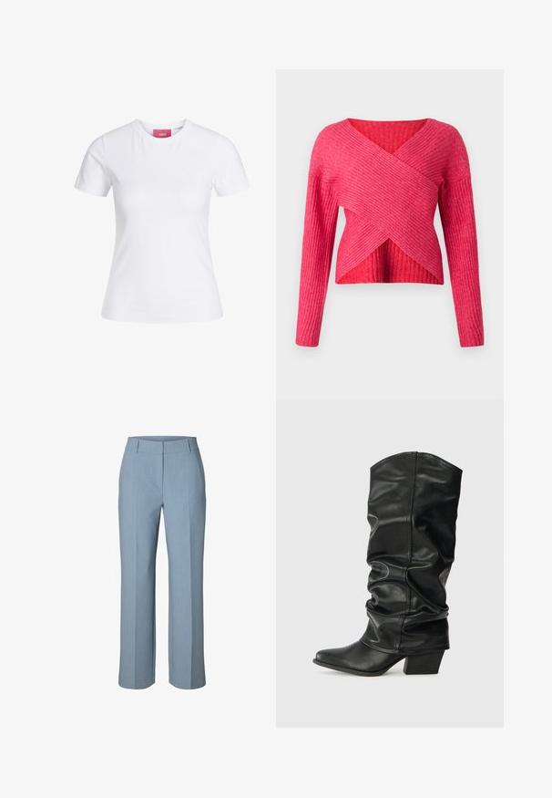 Rød ribbet sweater med crossover-design, lange ærmer, struktureret stof og dyb V-udskæring.; Hvid slimfit t-shirt med korte ærmer og rund halsudskæring med en lyserød JJXX-label indeni kraven, vist mod en ensfarvet baggrund.; Lyseblå bukser med lige ben, en linning med bæltestropper, forreste pressefold og et rent, skræddersyet design.; Sorte læderknæhøje støvler med et skrånet design, spids tå og chunky hæl, der har en glat overflade og minimal syning.