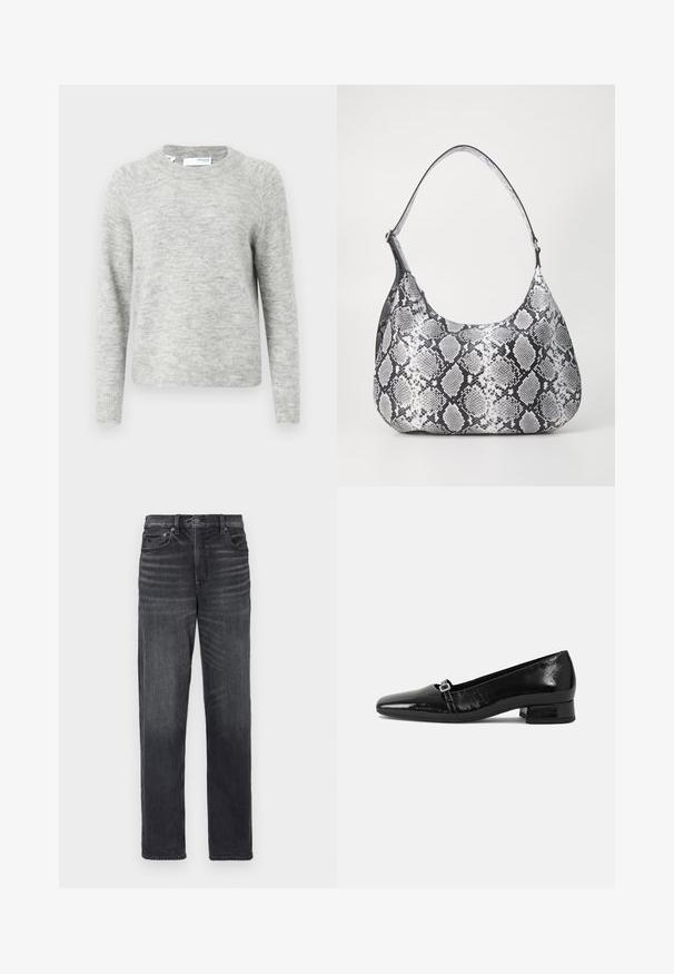 Lysegrå strikket trøje med lange ærmer, rund halsudskæring, ribstrikkede manchetter og kant, mærke Selected Femme, størrelse medium.; Sorte denim jeans med lige ben, der har forlommer, knaplukning og subtilt slid.; Sorte patentlæder balletflade med spids tå, lav firkantet hæl og en lille metallisk spænde detalje på remmen. Glat tekstur.; Sort-hvid slangemønster skuldertaske med en rund form, glat tekstur og en buet rem. Har et sølvfarvet hardware-accents.