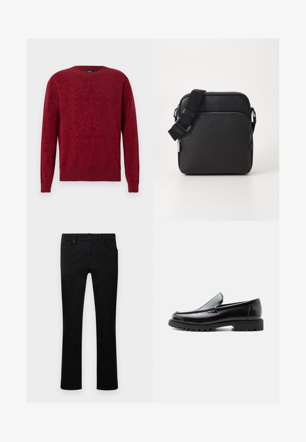 Pull rouge avec un motif texturé, col rond, poignets et ourlet côtelés. Fabriqué en matière douce, offrant un ajustement chaud et confortable.; Jean noir en denim, avec une coupe droite, cinq poches et des motifs de texture subtils sur le tissu.; Mocassin en cuir noir avec semelle en caoutchouc épaisse, dessus cousu et nom de marque embossé sur le talon, présenté de profil sur fond blanc.; Sac bandoulière en cuir noir avec une surface texturée, doté d'une poche zippée à l'avant, d'une bandoulière ajustable et d'accents en métal.