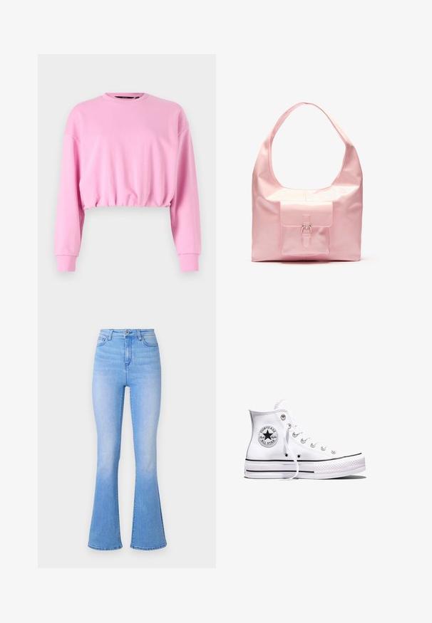 Pink cropped sweatshirt med lange ærmer, rund halsudskæring og elastisk kant. Glat tekstur, afslappet design egnet til lag-delte outfits.; Lyseblå flared jeans med høj talje, lavet af denim. Har en glat tekstur og en subtil falmende effekt mod kanten. Klassisk fem-lomme design.; Hvid Converse Chuck Taylor All Star højt snøresko med sorte striber og logoemblem på siden, vist mod en ensfarvet hvid baggrund.; Lyserød håndtaske med en blank finish, stor skulderrem, forlommer med dekorativ spænde detalje. Glat tekstur, minimalistisk design.