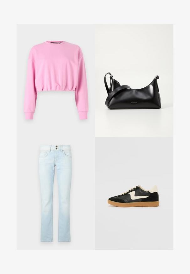 Roze cropped sweatshirt met lange mouwen, ronde hals en elastische zoom. Zachte textuur, casual ontwerp dat geschikt is voor laagjesoutfits.; Lichtblauwe flared jeans, gemaakt van denim, beschikken over een twee-knops sluiting, vijf zakken en subtiele vervaagde details door de stof heen.; Zwarte suède en leren sneaker met een crèmekleurige zij-swoosh en lichte crèmekleurige hiel. Voorzien van beige veters en een gumrubberen zool.; Zwarte leren handtas met een gladde textuur. Beschikt over een verstelbare schouderband en een strak, minimalistisch ontwerp met een ritssluiting.