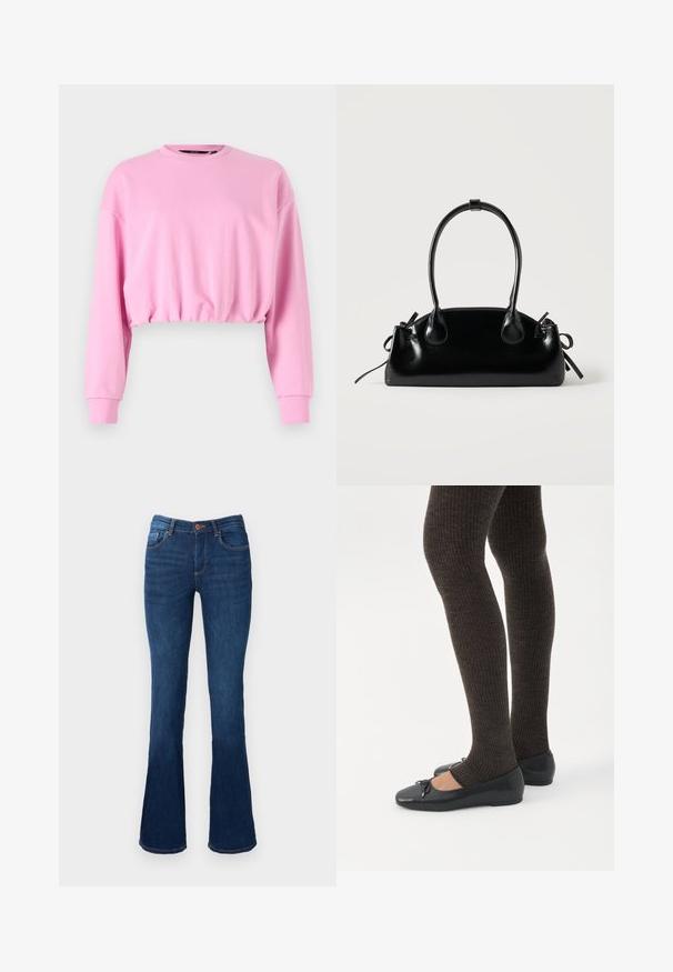 Pink cropped sweatshirt med lange ærmer, rund halsudskæring og elastisk kant. Glat tekstur, afslappet design egnet til lag-delte outfits.; Bredde denim jeans i blå farve med mid-rise talje, der har for- og baglommer, orange syninger og knaplukning.; Ben iført mørke ribbede leggings kombineret med sorte balletsko med små sløjfedetaljer på hvid baggrund.; Lille sort blank håndtaske med to lange håndtag og snøre-detaljer i siden på en ensfarvet lys baggrund.