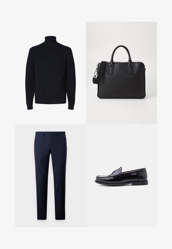 Sort langærmet strikket rullekrave sweater med ribstrikkede ærmekant og kant, vist på hvid baggrund.; Marineblå skræddersyede bukser med slim fit, lige ben, glat tekstur og bæltestropper, velegnede til formelt eller kontorbrug.; Sorte læderloafer med en blank finish, der har et syet mønster på tåen og en lav, tekstureret sort gummisål.; Sort lædertaske med struktureret overflade, doble håndtag og en aftagelig skulderrem. Har sølvfarvede lynlåse og minimalistiske designelementer.