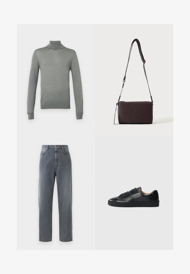 Lys grå turtleneck sweater, lavet af et glat strikket stof. Har lange ærmer og et tætsiddende design med ribbet hals og kant.; Højtraljede, lige ben jeans i falmet grå denim, med fem lommer, knaplukning og subtil falmning på stoffet.; Sorte lædersneakers med en glat overflade, rund tå og snørebåndslukning. Har en tyk gummisål og minimal branddetalje.; Mørkebrun textured læder crossbody taske med justerbar rem og lille dekorativ blå accent på siden.