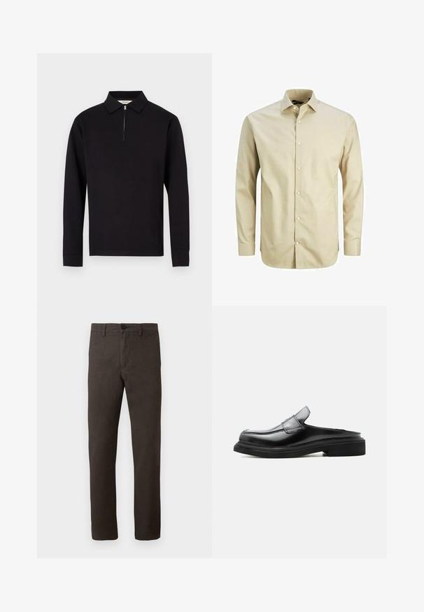 Polo noir à manches longues avec un col zippé, fabriqué en tissu lisse, avec un col classique et des poignets côtelés.; Chemise beige à manches longues avec des boutons, fabriquée en tissu lisse, dotée d'un col pointu, d'une patte de boutonnage à l'avant et d'une coupe ajustée.; Pantalons bruns en tissu texturé, avec une coupe droite, une fermeture à bouton unique et un style minimaliste.; Mocassin en cuir noir avec talon ouvert, talon bas et coutures décoratives le long de la tige et de la semelle, présenté en profil latéral sur fond blanc.