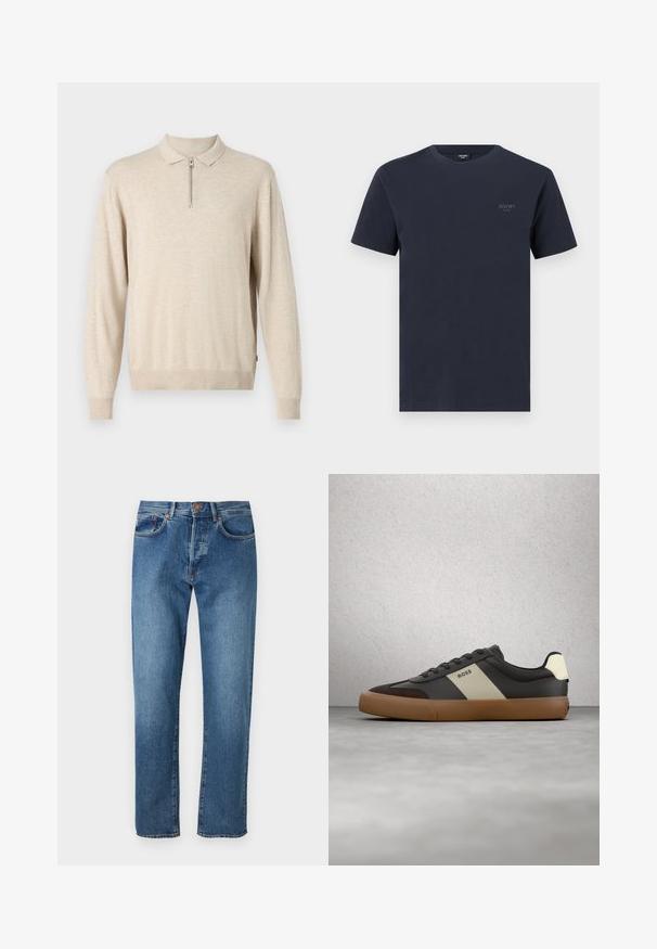 Beez pika-salongiga pullover, millel on krae ja lukuga kinnis. Valmistatud pehmest materjalist, millel on ribakujulised varrukasuud ja äär.; Tumesinast puuvillane T-särk, millel on ümmargune kaelus, lühikesed varrukad ja väike hall kaubamärgi logo vasakul rinnal. Sile tekstuur.; Heledad sinine teksarihm, sirge jala disain, viis taskut, nupuga kinnitamine ja õrn fade'e ees.; Must ja pruuni spordijalats, millel on beež triip ja tekst "BOSS", hõljumas halli betoonpõranda ja klaasplokkseina taustal.