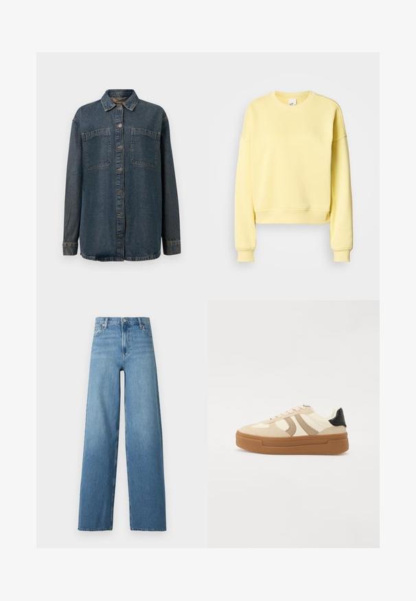 Gul cropped sweatshirt lavet af blødt stof, med rund hals, lange ærmer og ribbede manchetter. Glat, ensfarvet uden mønstre.; Mørkeblå denimskjorte med knaplukning fortil, to brystlommer, lange ærmer og klassisk krave. Blød tekstur med minimal slitage.; Blå denimjeans med høj talje og vide ben, frontknap og lynlås, samt klassisk design med fem lommer.; Cremefarvede og beige sneakers med en tan-gummisål, suedebesatte sideakcenter og en sort hælkappe; har runde snørebånd og et fladt design.