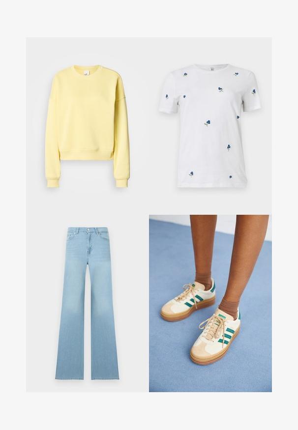 Gul cropped sweatshirt lavet af blødt stof, med rund hals, lange ærmer og ribbede manchetter. Glat, ensfarvet uden mønstre.; Hvid kortærmet t-shirt med små, spredte blå blomsterbroderier og grønne stilke, rund hals, ensfarvet baggrund.; Lyseblå high-waist denimjeans med vide ben, knap- og lynlåslukning foran samt lommer foran og bagpå.; Beige sneakers med mørkegrønne striber, gummisål, overdel i ruskind og tekstil samt neutralt hardware, parret med brune sokker på en lyseblå overflade.
