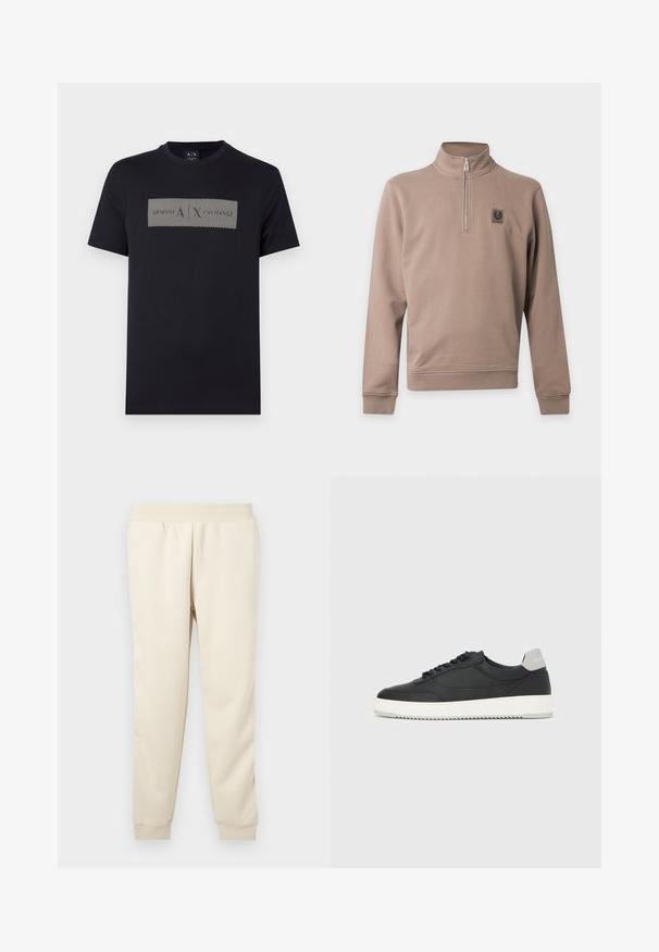 Pull à manches longues couleur taupe avec une fermeture éclair d’un quart de tour et un petit écusson logo sur la poitrine gauche sur un fond uni.; T-shirt noir à manches courtes avec col rond, arborant un graphisme rectangulaire blanc avec des lignes diagonales et le logo "A|X" centré sur la poitrine.; Pantalons de survêtement beige clair fabriqués en tissu doux avec un design fuselé, une ceinture élastique et des poignets aux chevilles. Pas de motifs ou d'accents visibles.; Baskets basses noires avec semelle blanche et languette grise au talon, vue de profil sur un fond blanc uni.