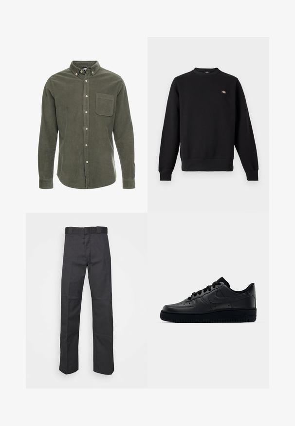 Sort crewneck-sweatshirt med lange ærmer, ribstrikkede manchetter og kant samt et lille rektangulært logo på venstre bryst.; Olivengrøn kordfløjlsskjorte med lange ærmer, knap-ned krave, frontlomme og frontknaplukning. Struktureret stof med lodrette striber.; Sorte bukser lavet af holdbart stof, med et lige ben-design, en talje med bæltesløjfer og sømme for ekstra struktur.; Sort Nike Air Force 1 sneaker med en glat læderoverdel, perforeret tå for åndbarhed, sorte snørebånd og en textured gummisål.