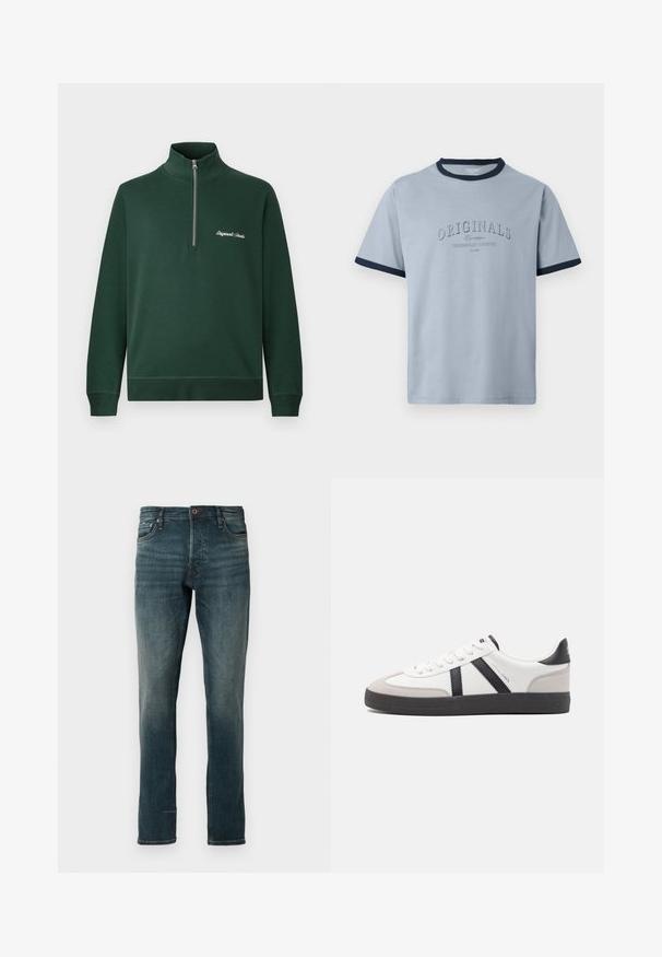 Mørkegrøn langærmet pullover med høj krave og halv lynlås. Har broderet tekst på venstre bryst. Glat stofstruktur.; Lyseblå bomulds-T-shirt med navyblå ribkant ved hals og ærmer. Har hævet tekst "ORIGINALS" og "CONTEMPORARY AESTHETICS" i et diskret design.; Mørkeblå slim-fit jeans med fem lommer og knaplukning, vist mod en ensfarvet hvid baggrund.; Hvide sneakers med sorte og grå detaljer, med en tekstureret grå tåhætte, sort gummisål og flade hvide snørebånd. Rent design, minimalistisk stil.
