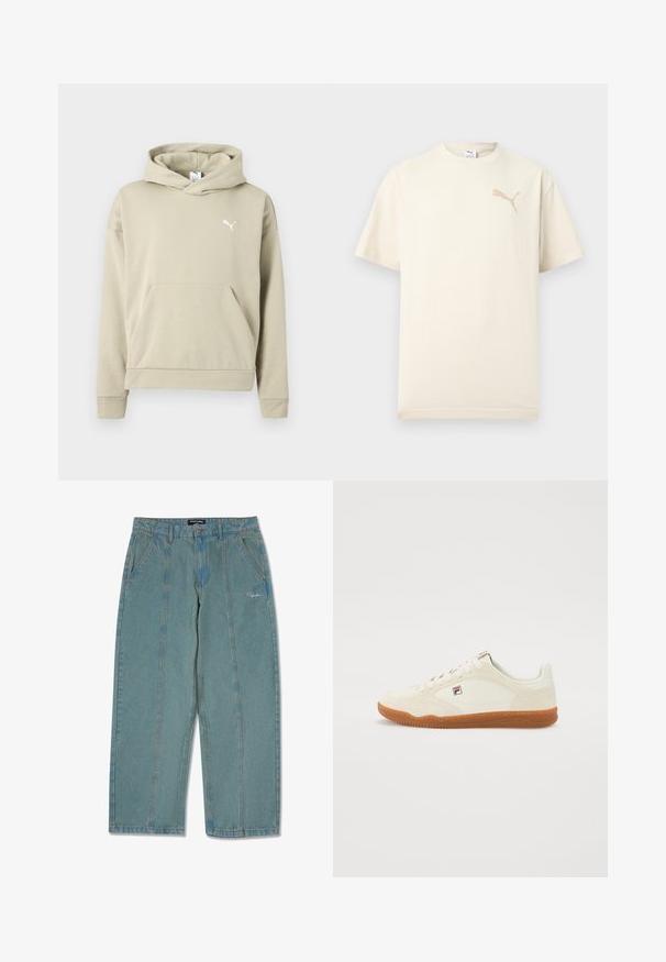 Sweat-shirt à capuche beige avec manches longues, poche avant et petit logo Puma blanc sur la poitrine.; T-shirt à manches courtes de couleur crème avec logo Puma beige sur le côté gauche de la poitrine et col rond, présenté sur un fond clair uni.; Pantalons en denim bleu clair, non usés, avec une coupe droite, comportant des poches avant et un logo brodé discret près de la taille.; Des baskets blanches en cuir avec une semelle en caoutchouc beige, arborant un design cousu et un petit patch logo sur le côté. Silhouette basse.