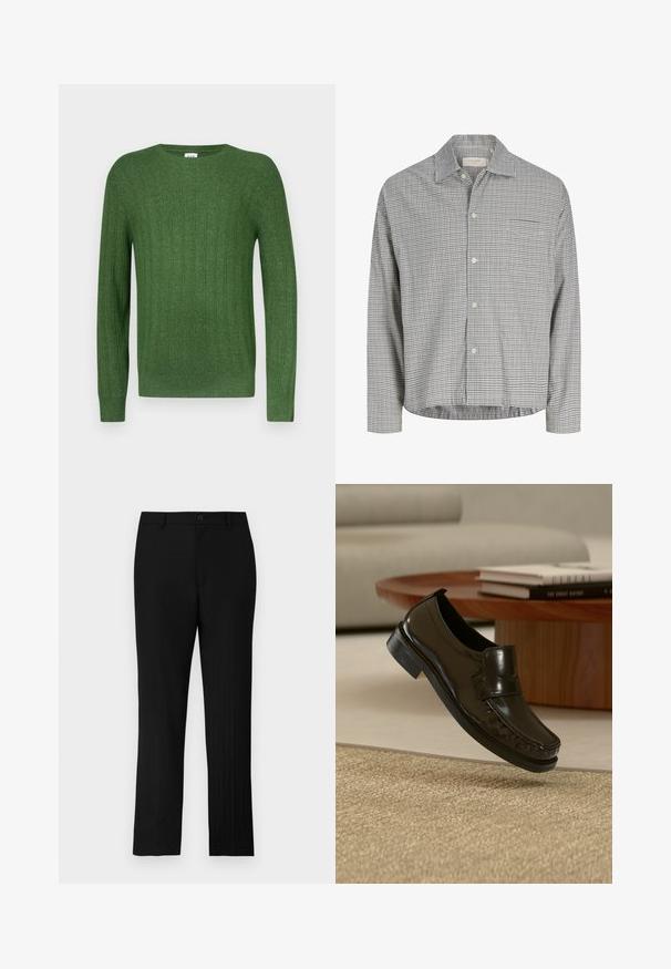 Pull vert côtelé en tissu texturé, doté d'un col rond et de manches longues avec poignets ajustés.; Chemise blanche à manches longues avec motif à carreaux noirs en grille et col pointu, posée à plat sur un fond clair.; Pantalons noirs ajustés à coupe droite, avec des fines rayures et une fermeture à bouton standard à la taille.; Mocassin en cuir noir à enfiler flottant au-dessus d'un tapis beige tissé avec une table basse en bois et des livres en arrière-plan.