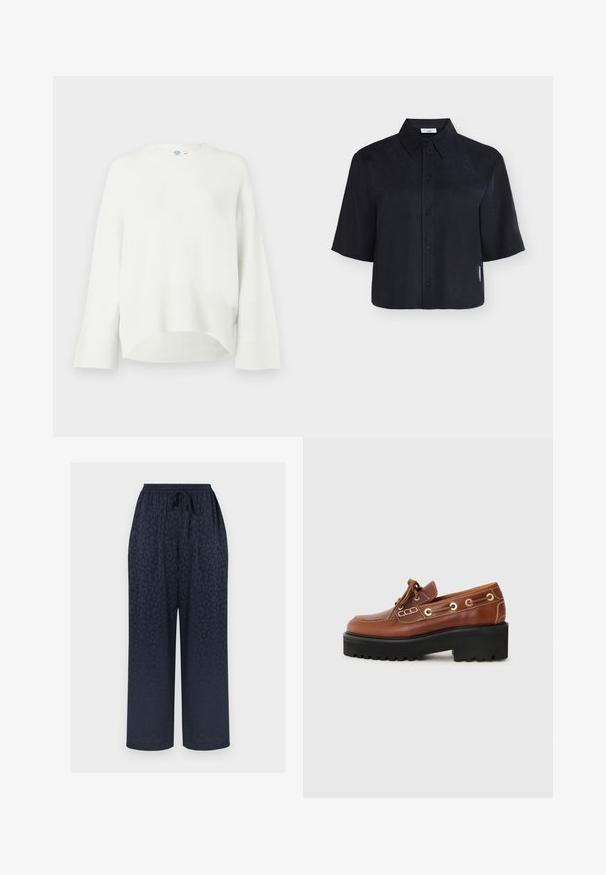 Tyk hvid sweater med ribbet kant og manchetter, rund halsudskæring og sænkede skuldre. Blød tekstur, løs pasform og oversized design.; Sort kortærmet skjorte med knapper, spids krave og en lille hvid mærkat på højre sidesøm.; Marineblå bukser med vide ben, der har et diskret leopardprint, elastisk talje med snøre og glat stoftekstur.; Brun lædersko med rund tå, dekorativ syning, metalhardware og en tyk sort sål med et struktureret greb.