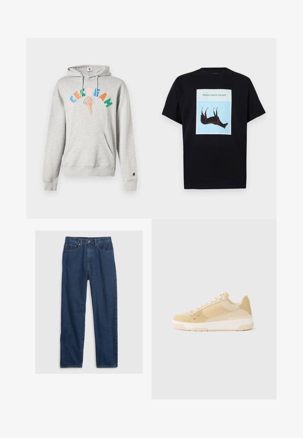 Grå hoodie med en frontlomme og snoretræk til hætten. Har en farverig "ICE CREAM" grafik og en lille isvaffel detalje på ærmet.; Sort T-shirt med en centered omvendt brun hesteillustration på en blå firkant og teksten "UPSIDE DOWN HORSE" over den.; Mørkeblå denim jeans med lige pasform, med fem lomme-design, topknap og kobbernitter.; Beige sneakers med en kombination af ruskind og åndbart mesh, rund tå, snørebånd og teksturerede detaljer på hælen.