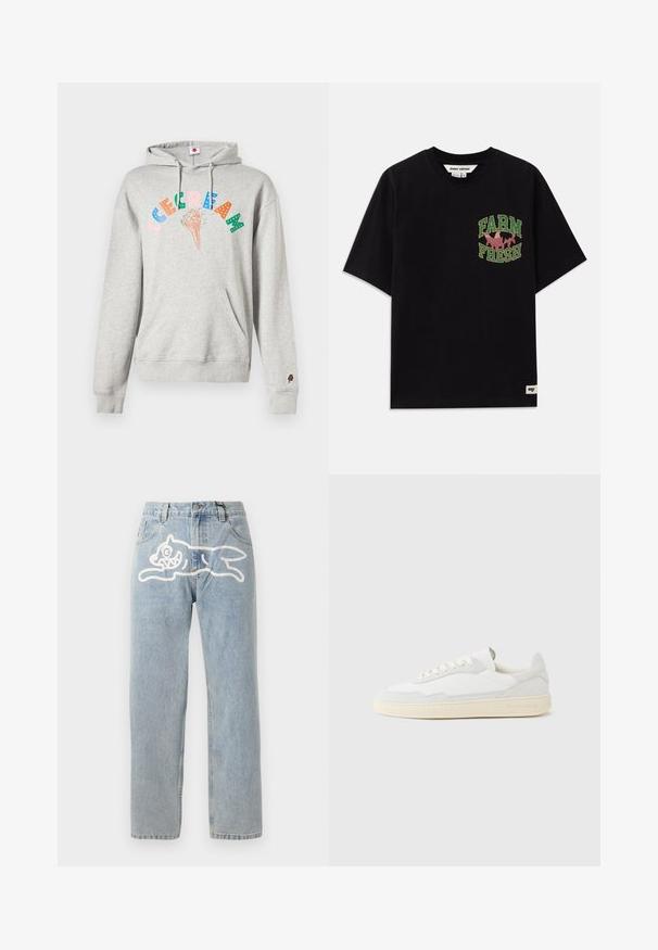 Grå hoodie med en frontlomme og snoretræk til hætten. Har en farverig "ICE CREAM" grafik og en lille isvaffel detalje på ærmet.; Sort bomulds t-shirt med et grafisk print i grøn og pink tekst, der siger "FARM FRESH", med en løs pasform og korte ærmer.; Lyselavendel denim jeans med en lige pasform, der har et stort hvidt grafik af en kat på ryggen. Klassisk fem-lommers design.; Hvid sneakers med en øvre del i tekstureret ruskind og læder. Har rundet tå, snørelukning og kontrasterende beige gummisål.