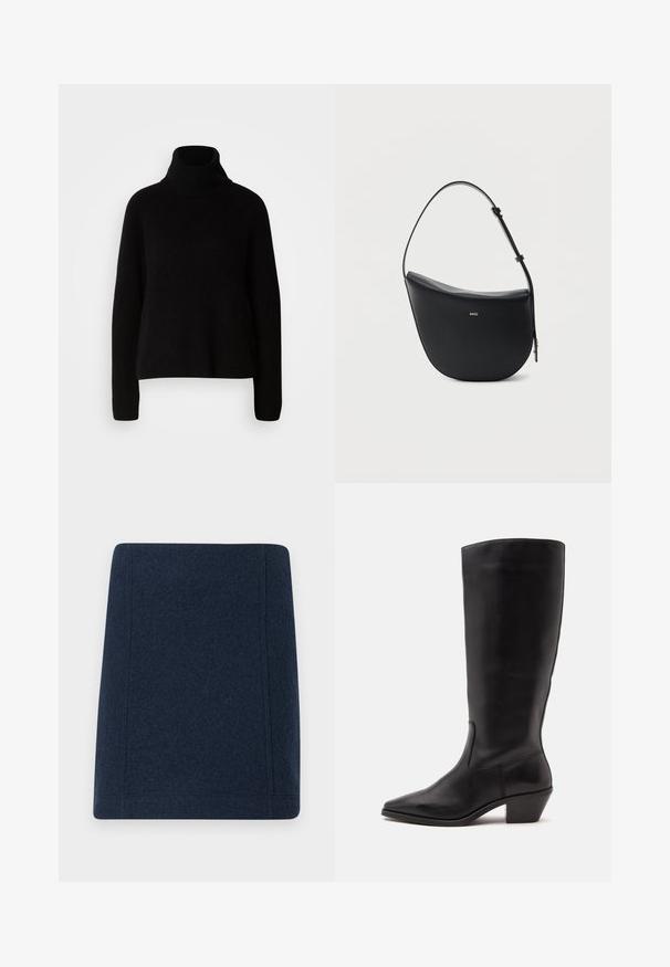 Sort sweater med høj hals lavet af ribbet materiale; har lange ærmer og en afslappet pasform, som fremhæver et simpelt og klassisk design.; Marine uld mini nederdel med en lige form, flade sømme og en glat tekstur. Ingen synlige mønstre eller udsmykninger.; Sort læderstøvle til midtkalv med spids tå og lavt skråt hæl på en enkel lys baggrund.; Sort halv-måne skuldertaske i læder med justerbar rem og guld "BOSS"-logo centreret foran.