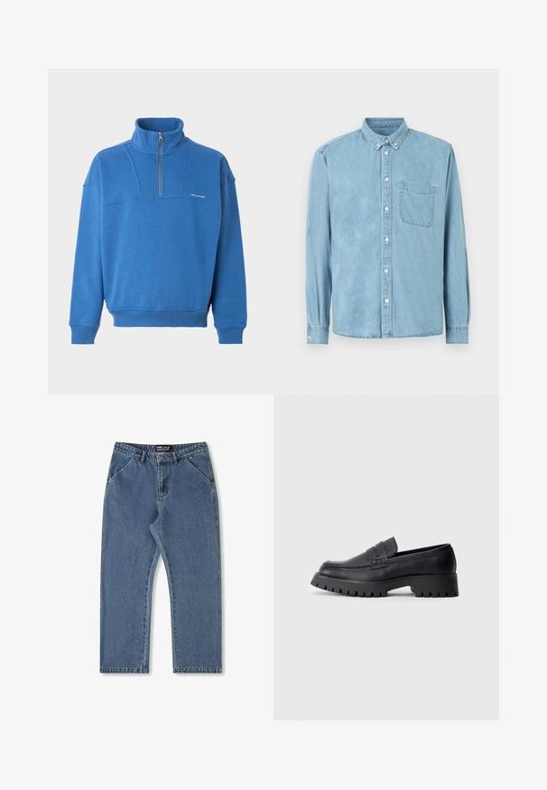 Blå pullover-sweatshirt med kvart lynlås, høj krave, ribbede manchetter og kant, samt lille hvidt Hollister-logo på venstre bryst.; Lyseblå denimskjorte med lange ærmer, knaplukket krave, brystlomme foran og hvide knapper ned langs midten og på manchetterne.; Blå denimjeans med lige ben, medium talje og klassisk fem-lommer stil. Har subtil falming og syede detaljer.; Sorte læder loafers med en rund tå, prydet med en dekorativ rem og en kraftig gummisål med dybe riller for grip.