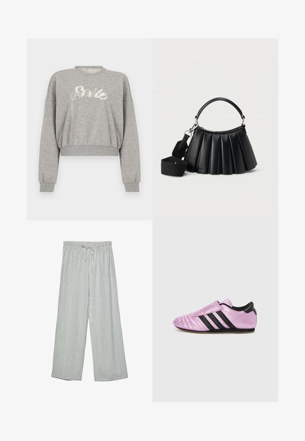 Sweat-shirt gris court à manches longues, avec le texte blanc "Smile" orné de détails semblables à des perles. Confectionné en tissu doux et texturé.; Pantalons légers à jambes larges avec un motif rayé vertical vert et blanc. Présentent une taille élastique avec une fermeture à cordon.; adidas Originals TAEKWONDO W - Baskets basses - purple bliss/lilac/core black; Sac à main noir en cuir plissé avec poignée courte et bandoulière large en tissu détachable sur fond blanc.