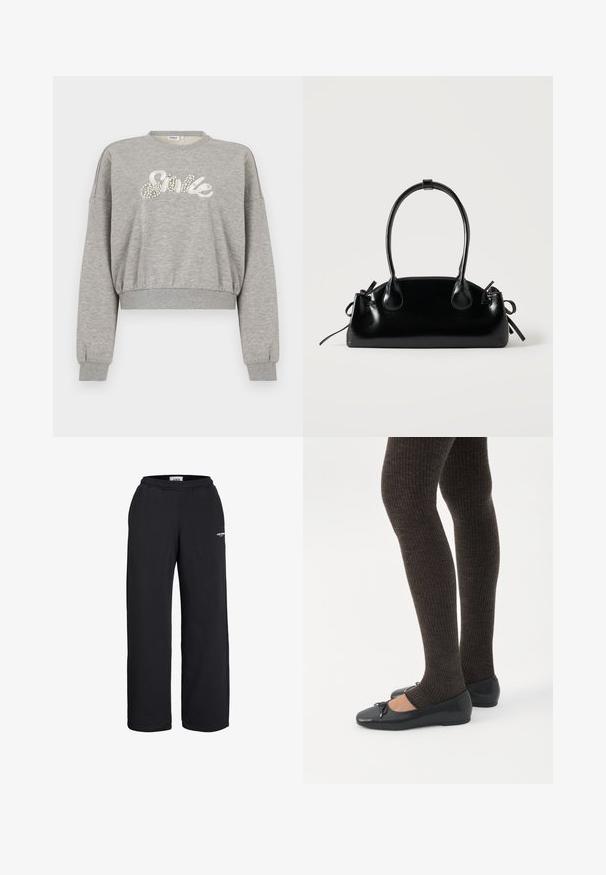 Grå cropped sweatshirt med lange ærmer, med hvid "Smile"-tekst prydet med perle-lignende detaljer. Fremstillet af blødt, tekstureret materiale.; Sorte sweatpants med lige ben, elastisk talje og lille hvidt logo på øvre lår, designet til afslappet brug.; Ben iført mørke ribbede leggings kombineret med sorte balletsko med små sløjfedetaljer på hvid baggrund.; Lille sort blank håndtaske med to lange håndtag og snøre-detaljer i siden på en ensfarvet lys baggrund.