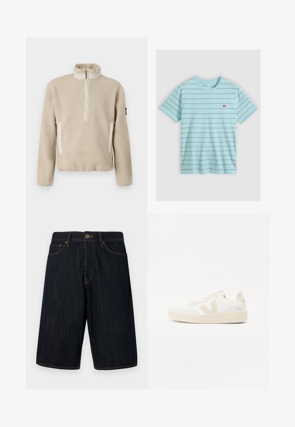 Beige fleece-pullover med høj krave, kvart-lynlås foran og to forlommer. Struktureret stof med kontrasterende beige detaljer.; Lyseblå T-shirt med korte ærmer med tynde mørke vandrette striber og et lille rødt Levi's logo på venstre bryst.; Mørke denimshorts med lige snit, featuring gul syning, fem lommer og en lukning med knap foran. Glat tekstur.; Hvide sneakers med beige accenter, der har en tekstureret overdel, rund tå og en tykk gummisål. Designet inkluderer det ikoniske V-logo og branding.
