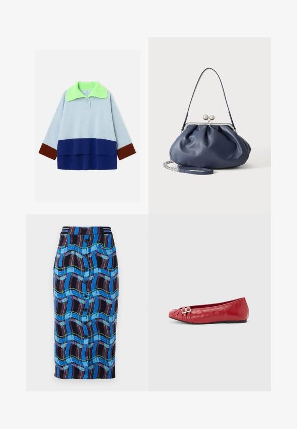 Gebreide trui met lange mouwen, lichtblauw bovenstuk, donkerblauwe onderkant, bruine mouwboorden en een brede, felgroene kraag met knoopsluiting.; Knielange rok in het blauw met een meerkleurig golfpatroon, voorzien van een zwarte tailleband, eenrijige knopen aan de voorkant en twee zijzakken.; Rode leren platte schoen met spitse neus, decoratieve dubbele gespenriemen en zwarte zool, zijaanzicht op een witte achtergrond.; Zachte navyblauwe leren handtas met zilveren sluiting, enkele schouderband en afneembare ketting polsband op witte achtergrond.