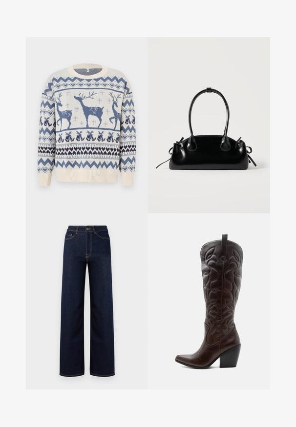 Pull en tricot avec un fond crème orné de rennes bleus et de motifs géométriques. Poignets et ourlet côtelés. Texture douce.; Jeans en denim bleu foncé à jambes larges, avec une taille haute, quatre poches et des coutures contrastantes le long des coutures.; Botte de cowboy haute en cuir marron foncé avec motifs décoratifs cousus, bout pointu et talon bloc empilé.; Petit sac à main noir brillant avec deux longues anses et des détails à cordon sur les côtés sur un fond clair uni.