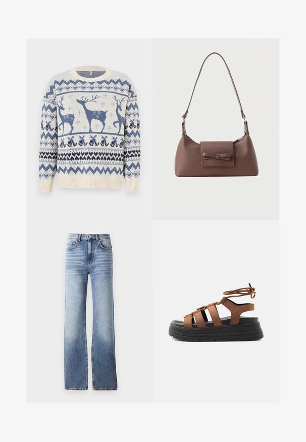Suéter de punto con fondo crema, adornado con renos azules y patrones geométricos. Mangas y dobladillo acanalados. Textura suave.; Jeans de mezclilla azul claro con cintura alta, corte de pierna ancha y un desgaste sutil. Presentan un cierre de botón y un diseño de cinco bolsillos.; Sandalia marrón de ante con tiras, suela de plataforma negra gruesa y cierre de lazo alrededor del tobillo, mostrada de lado sobre fondo claro.; Bolso bandolera de cuero marrón con un bolsillo frontal de solapa que presenta un detalle de moño cosido y una correa ajustable.