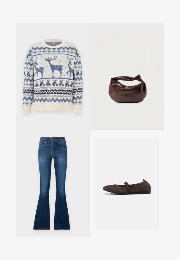 Striktrøje med en cremefarvet baggrund, blå renhjorte og geometriske mønstre. Ribkantede manchetter og kant. Blød tekstur.; (Udvidede) jeans lavet af mørkeblå denim. Har to-knaps lukning, fem lommer og falmede detaljer på benene. Standard talje design.; Brun balletsko med elastisk rem og rundet tå, vist mod en hvid baggrund, sideudsigt.; Mørkebrun læder skuldertaske med en blød, afslappet form og et snoet knudehåndtag på en ensartet hvid baggrund.